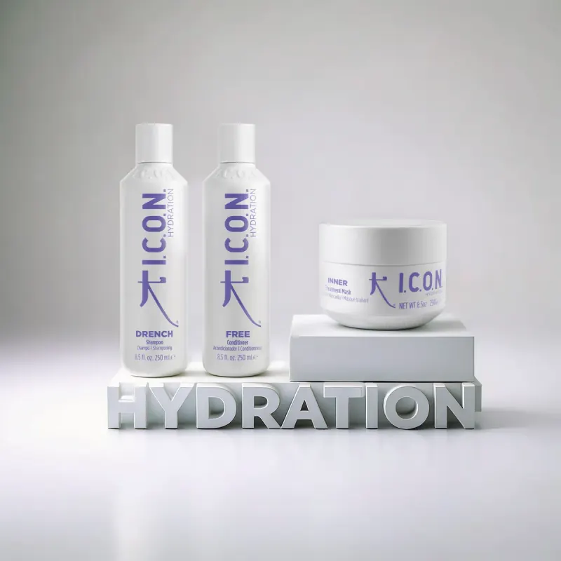 I.C.O.N. Hydration Regimedy：Drench シャンプー、Free コンディショナー、Inner トリートメントマスク